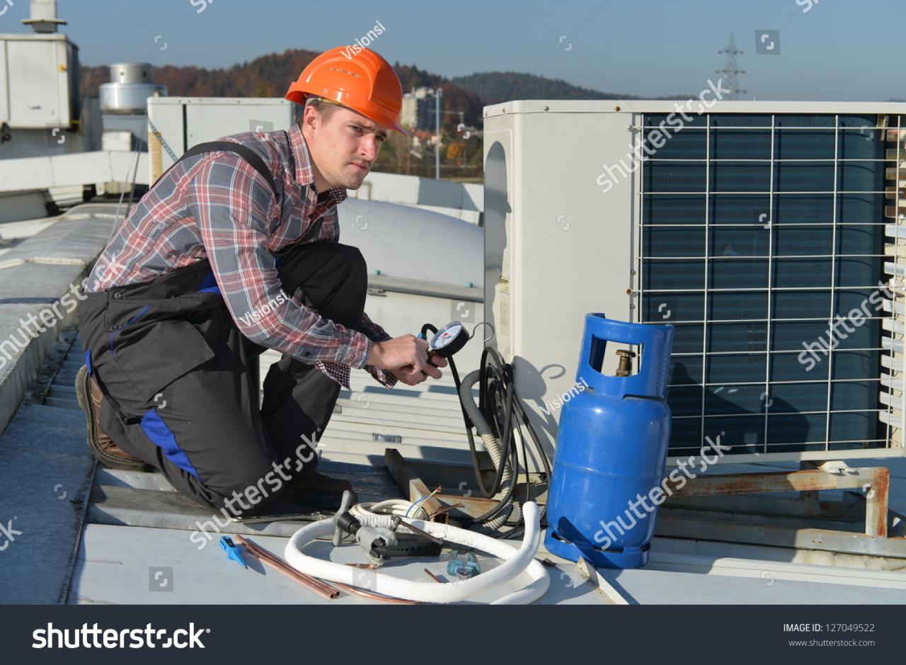 Air Conditioning Repair Young Repairman On Stock Photo 127049522 ...